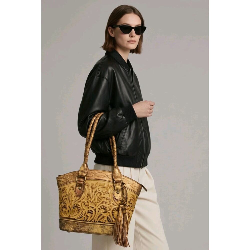 Patricia Nash Burnished Tooled Zorita Satchel Bag Metallic gold finish 14x10x4